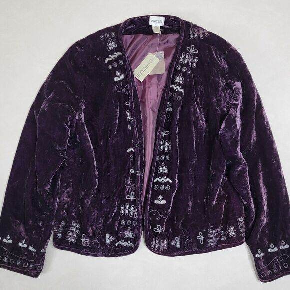 New Chicos Lula Jacket Purple Crushed Velvet Embroidered Beaded Blazer Size 2 - Picture 1 of 11
